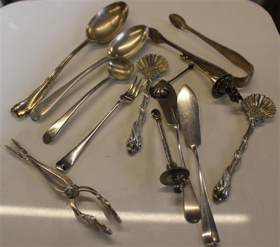 Pair of Victorian salt spoons and 11 other silver items including pair of Jensen sugar nips